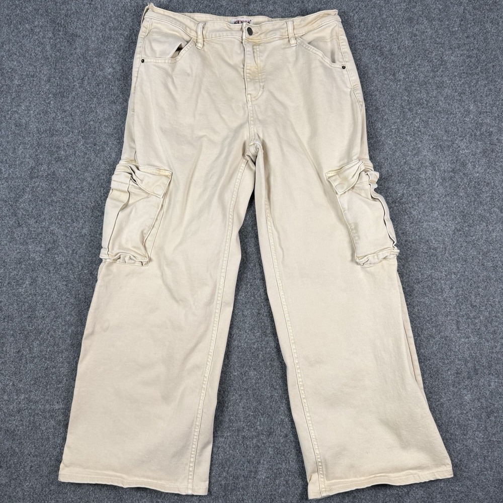 Vintage 90s Guess Jeans Cargo Pants Mens 32 Khaki Beige Wide Skater Uneven Hem